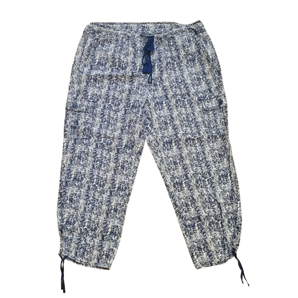 Caffe Marrakesh Blue White Floral Damask Cargo Capri Pants Medium